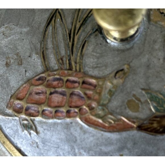 Vintage Round Enameled Brass Trinket Dish With Lid Sea Life Tropical Turtle Fish - Picture 3 of 6